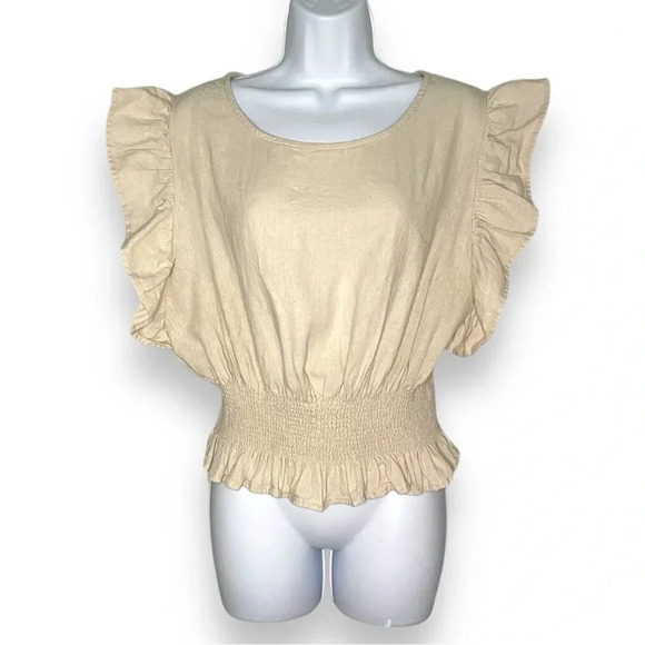 Cupcakes and Cashmere Beige Linen Blend Ruffle Sleeve Smocked Hem Blouse -Size L - Picture 1 of 7